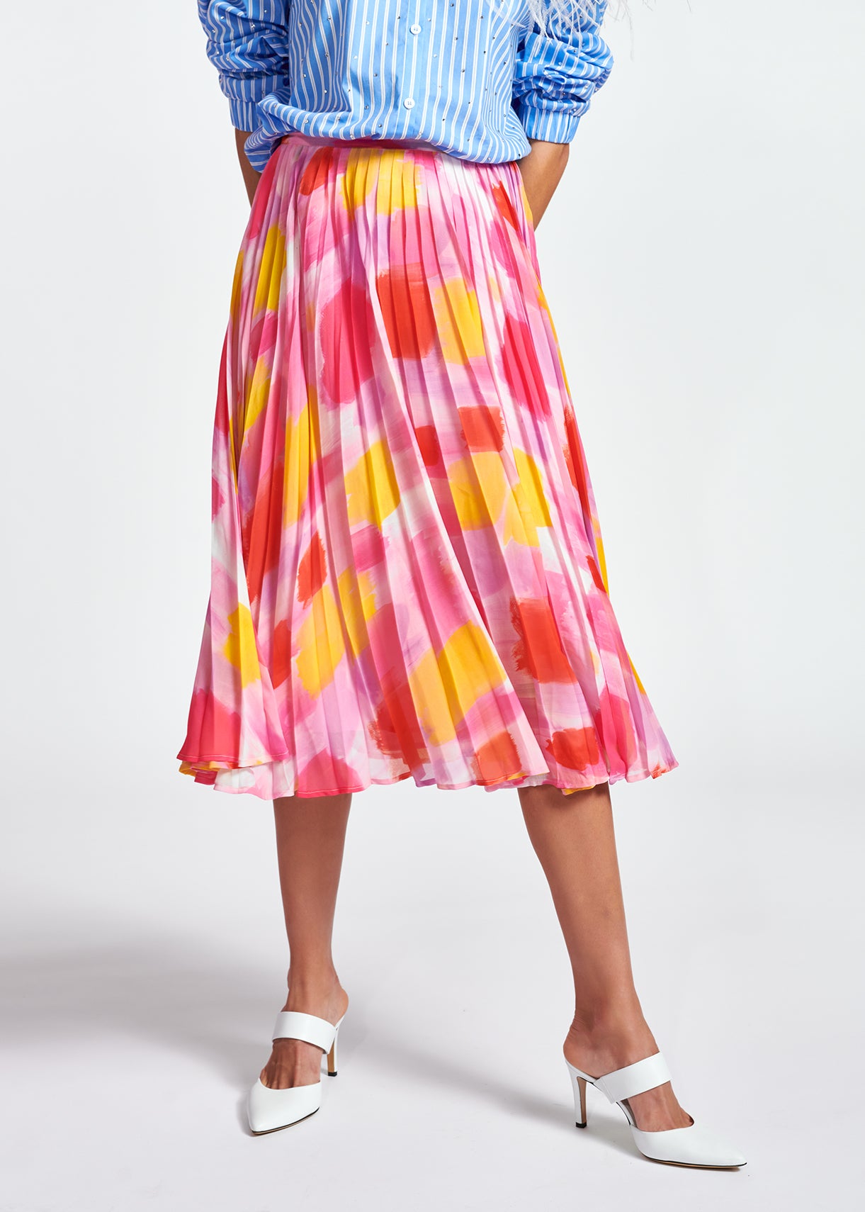 Pink and yellow plissé midi skirt RE—SSENTIEL | Essentiel second hand