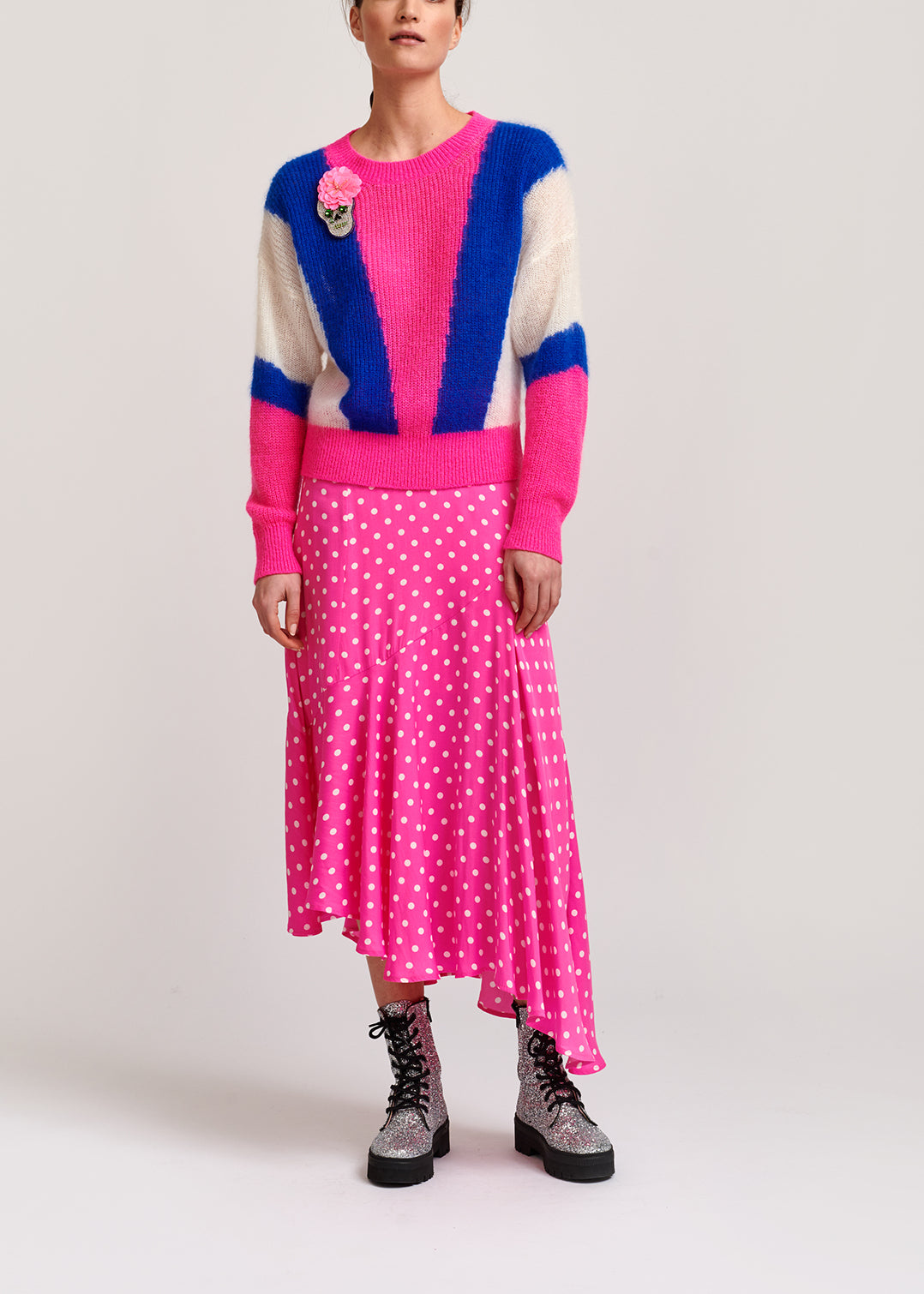 Jupe midi rose fluo à pois RE—SSENTIEL | Essentiel second hand
