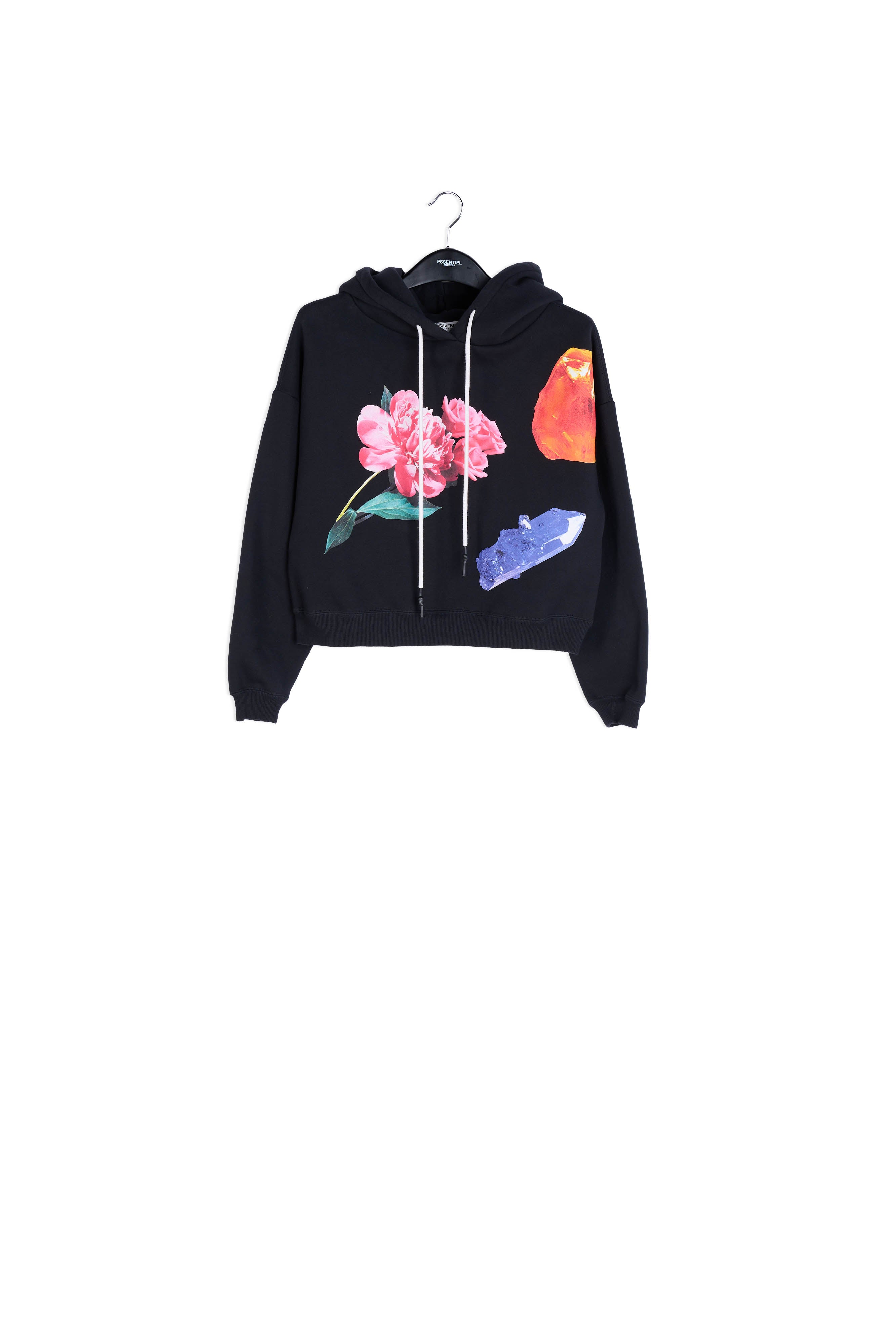 Black organic cotton hoodie with print detail RE—SSENTIEL | Essentiel second hand