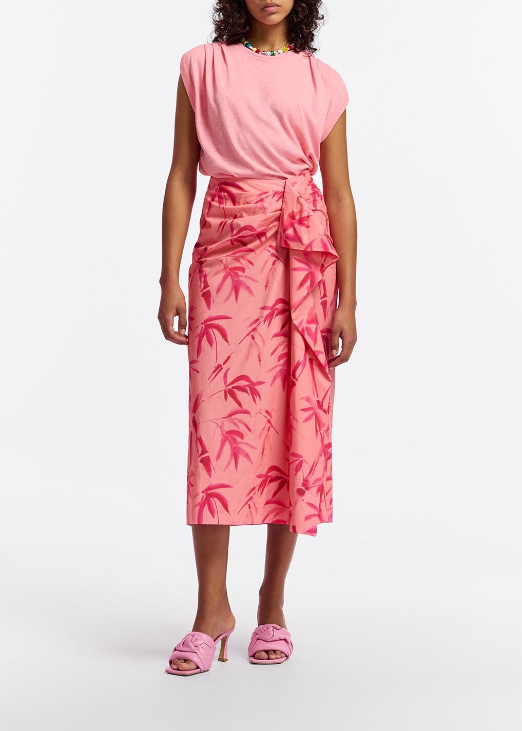 Peach cotton draped midi skirt with palm leaf print RE—SSENTIEL | Essentiel second hand