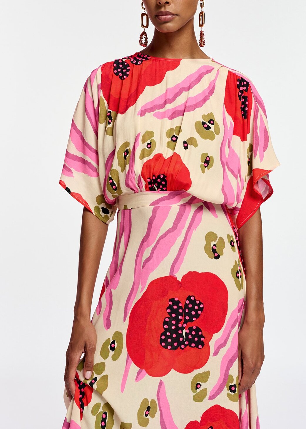 Ecru, red and pink abstract print midi-length dress RE—SSENTIEL | Essentiel second hand