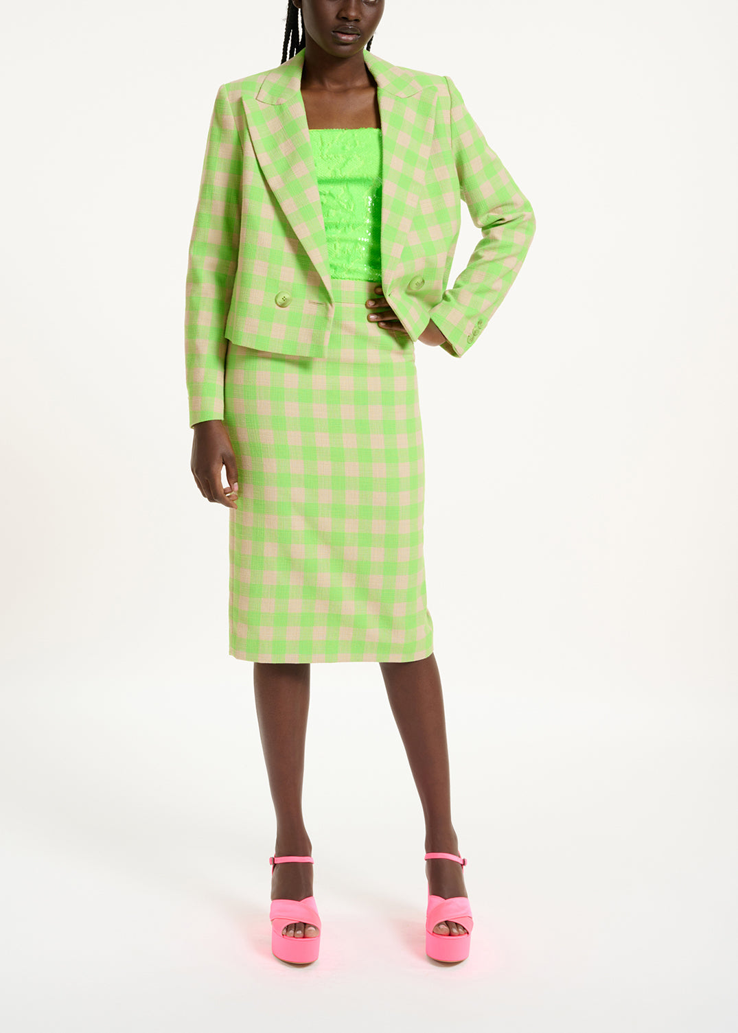 Blazer court à carreaux vert fluo RE—SSENTIEL | Essentiel second hand