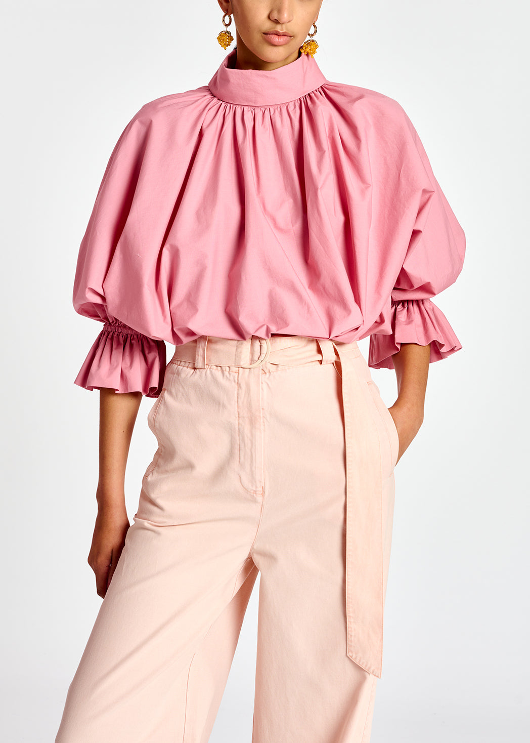 Light pink voluminous cotton top with high collar RE—SSENTIEL | Essentiel second hand