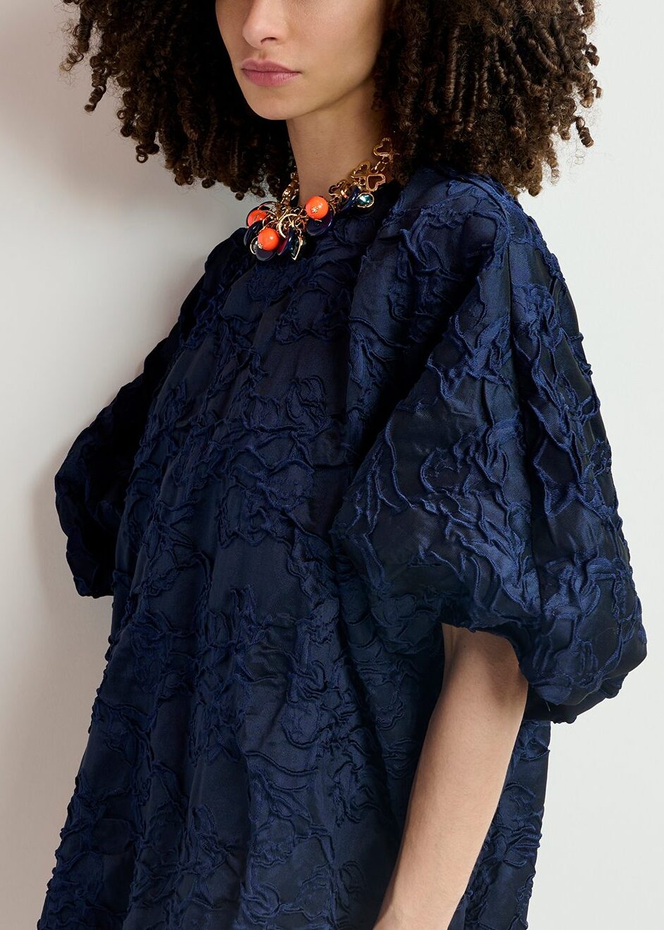 Navy blue jacquard-woven puffy mini dress RE—SSENTIEL | Essentiel second hand