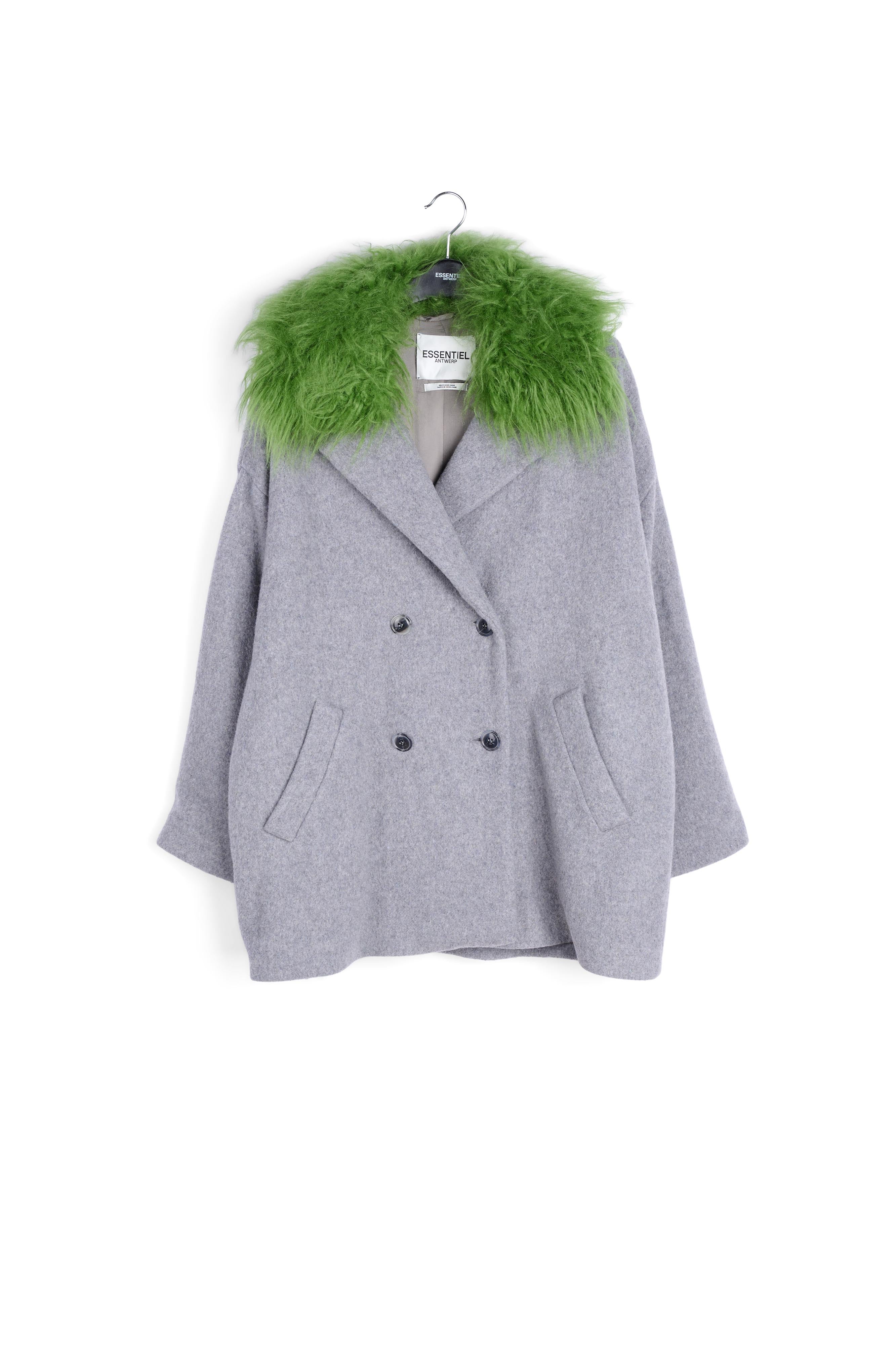 Grey wool-blend coat with green faux fur collar RE—SSENTIEL | Essentiel second hand