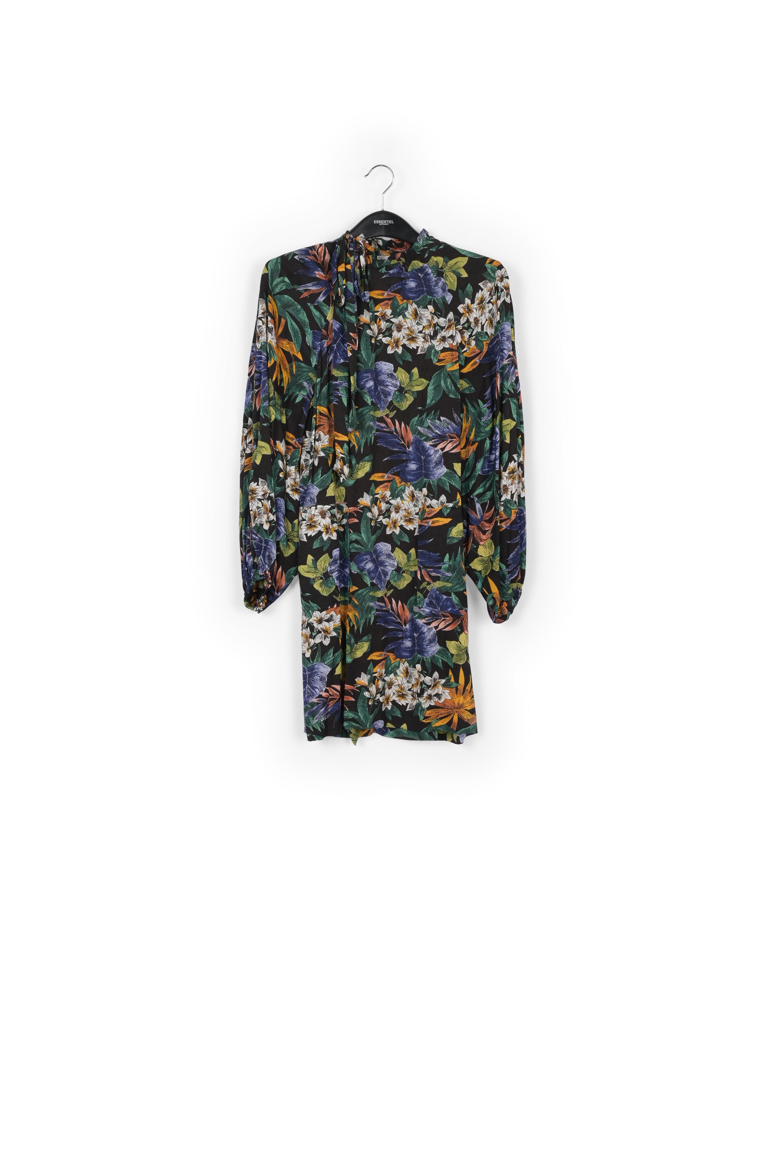 Black floral-print mini dress with pussy-bow RE—SSENTIEL | Essentiel second hand