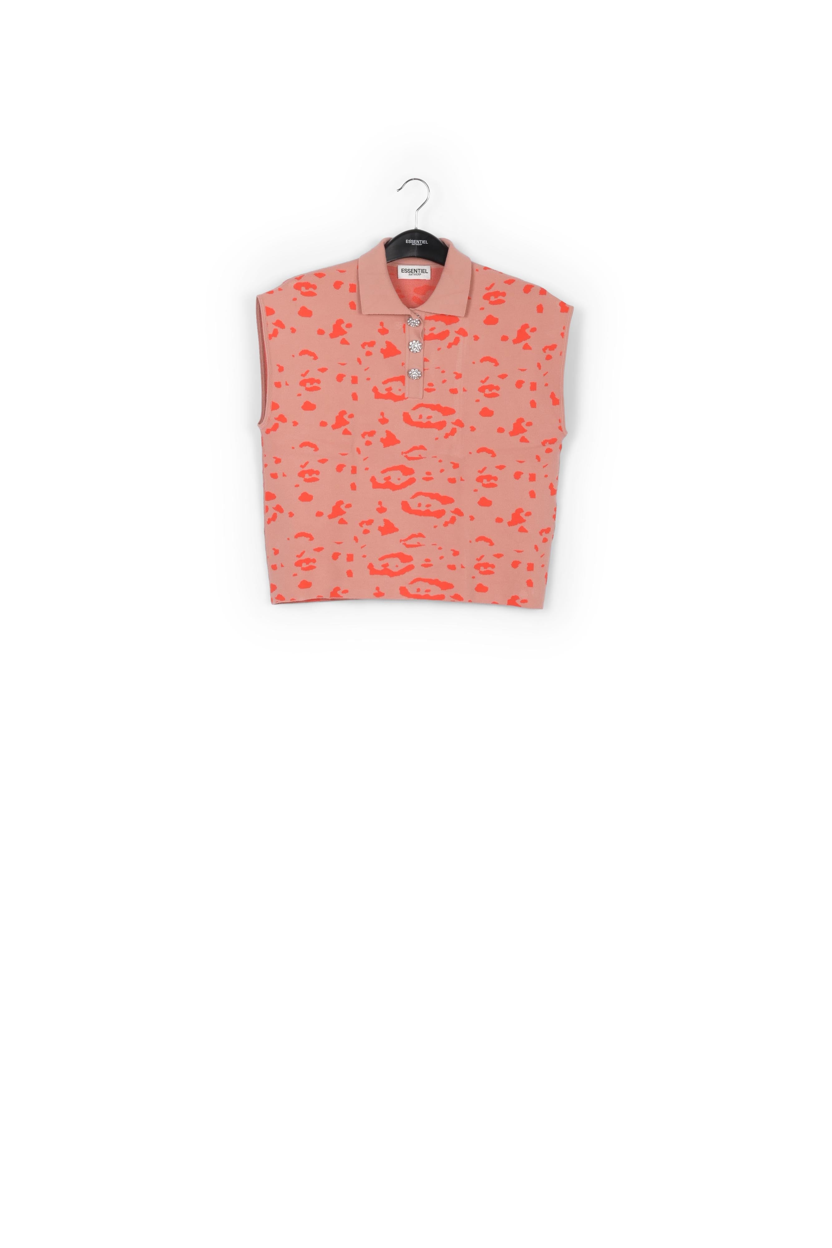 Vintage pink and red knitted polo top with leopard print RE—SSENTIEL | Essentiel second hand