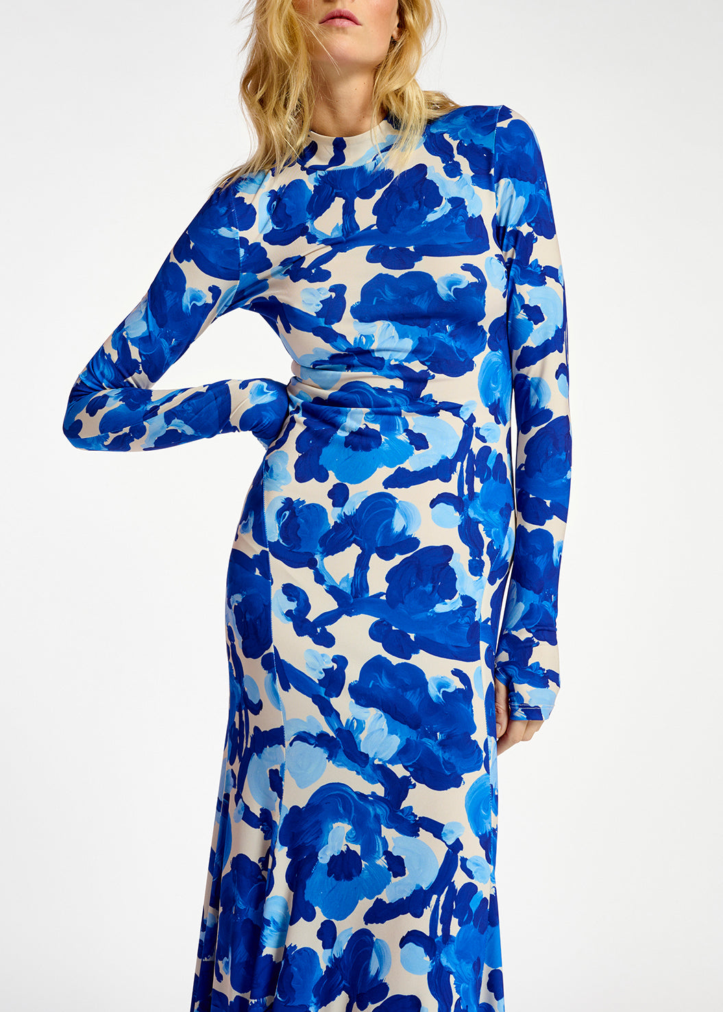 White and blue floral print stretch-jersey maxi dress RE—SSENTIEL | Essentiel second hand