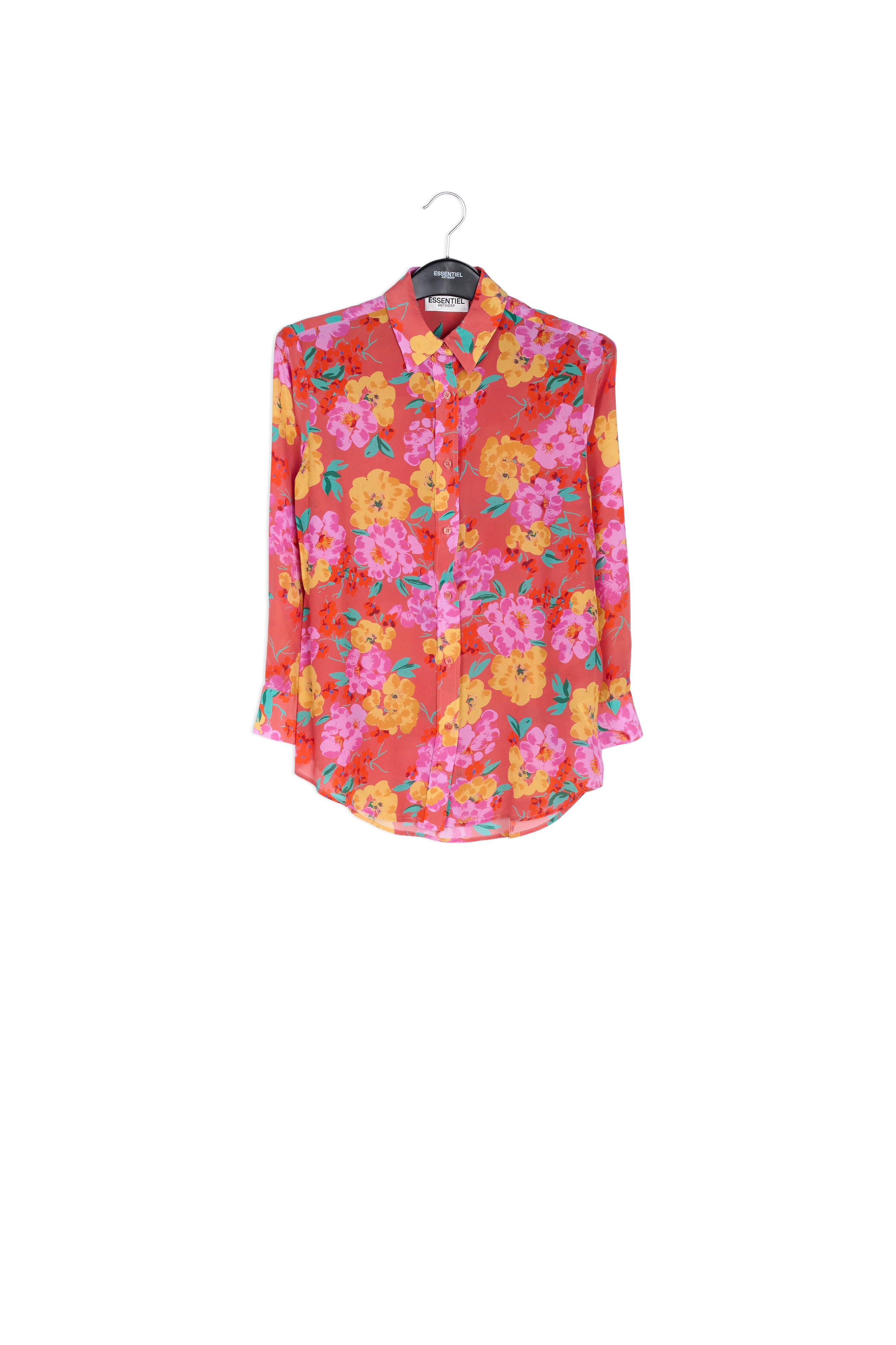 Koraalrood zijden hemd met bloemenprint RE—SSENTIEL | Essentiel second hand
