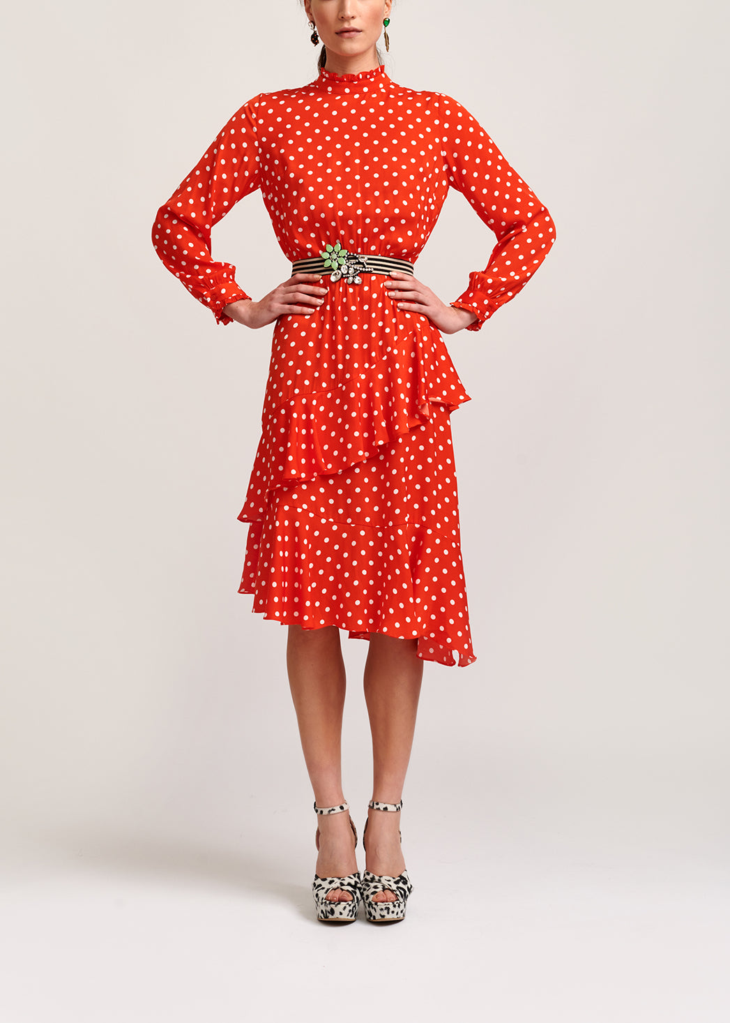 Red polka dot ruffled midi dress RE—SSENTIEL | Essentiel second hand
