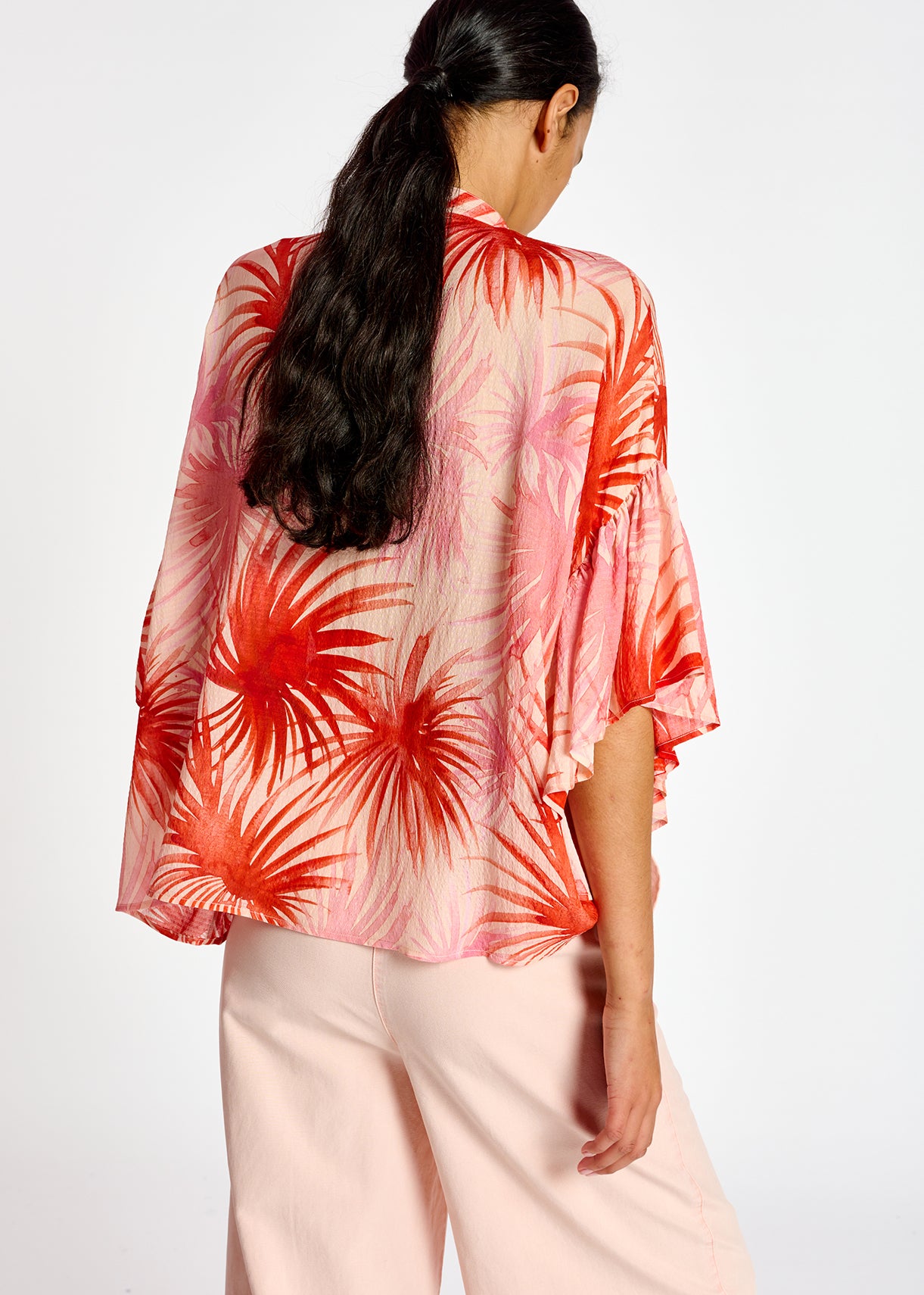 Orange ruffle-detailed top with palm leaf print RE—SSENTIEL | Essentiel second hand
