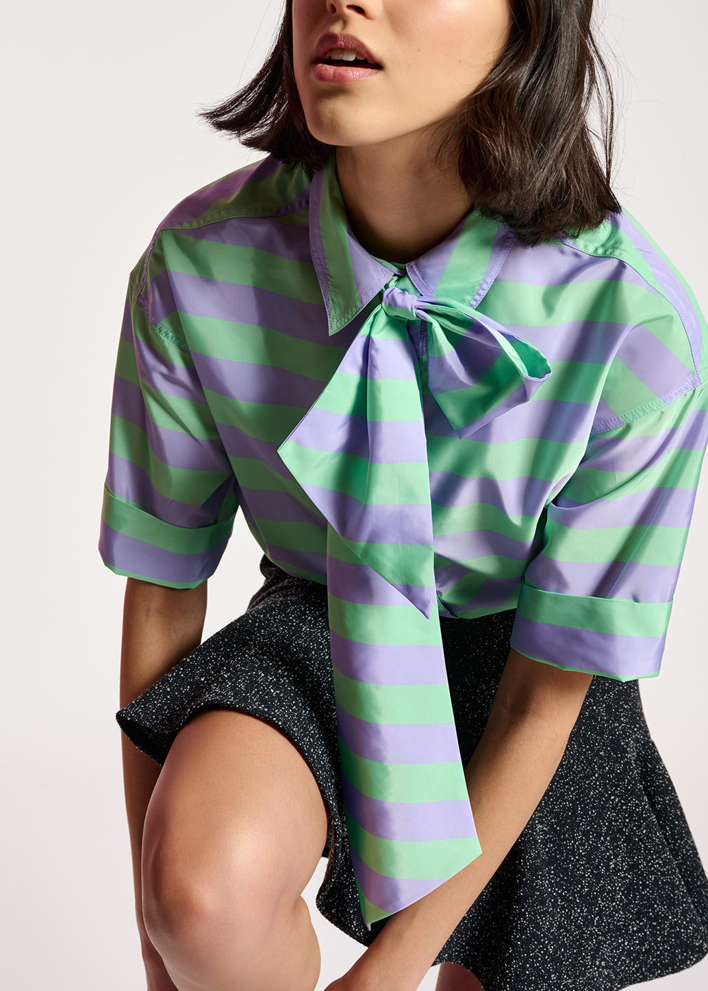 Lilac and mint green striped shirt with pussy bow RE—SSENTIEL | Essentiel second hand