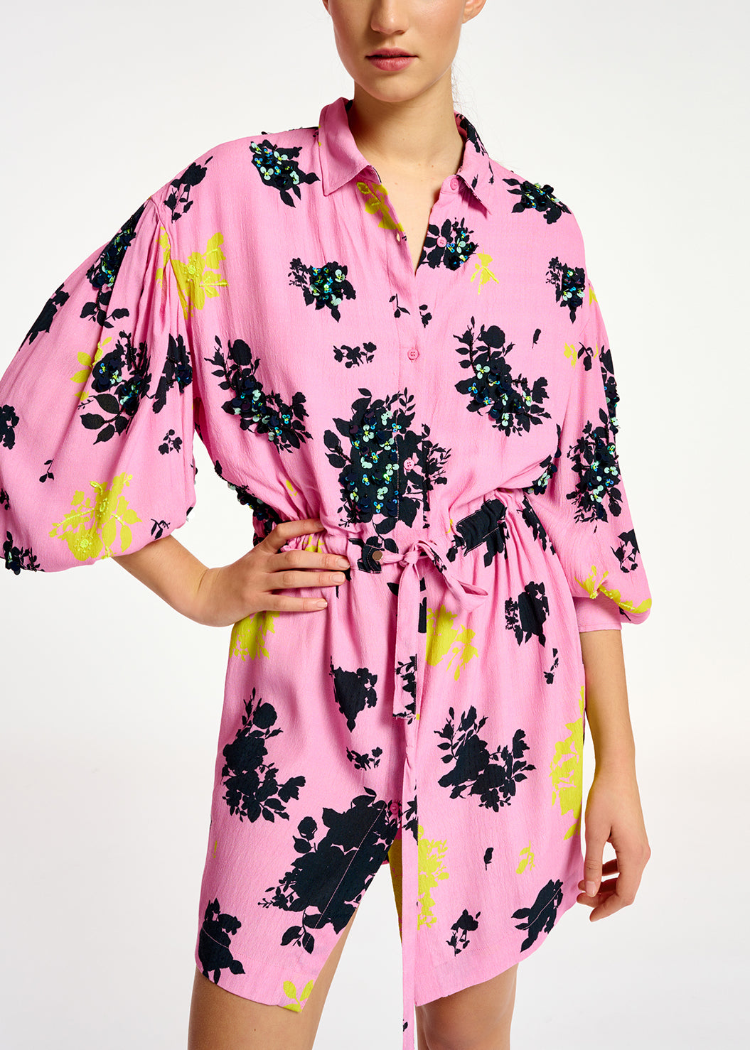 Pink, black and yellow floral print mini dress RE—SSENTIEL | Essentiel second hand