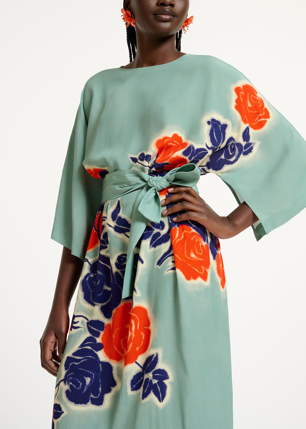 Light blue, orange and blue floral print knee-length dress RE—SSENTIEL | Essentiel second hand
