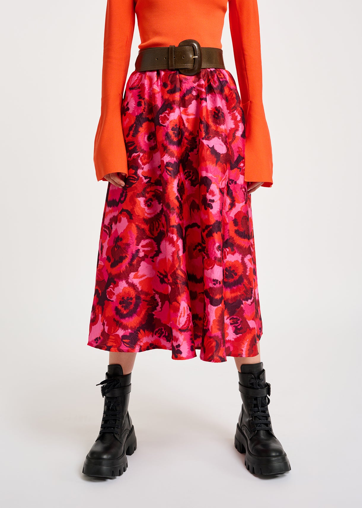 Pink, red and purple floral-jacquard midi skirt RE—SSENTIEL | Essentiel second hand