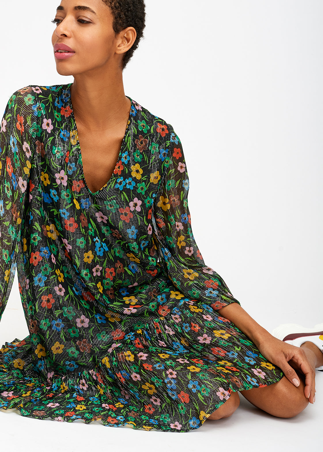 Black floral print dress with flared hem RE—SSENTIEL | Essentiel second hand