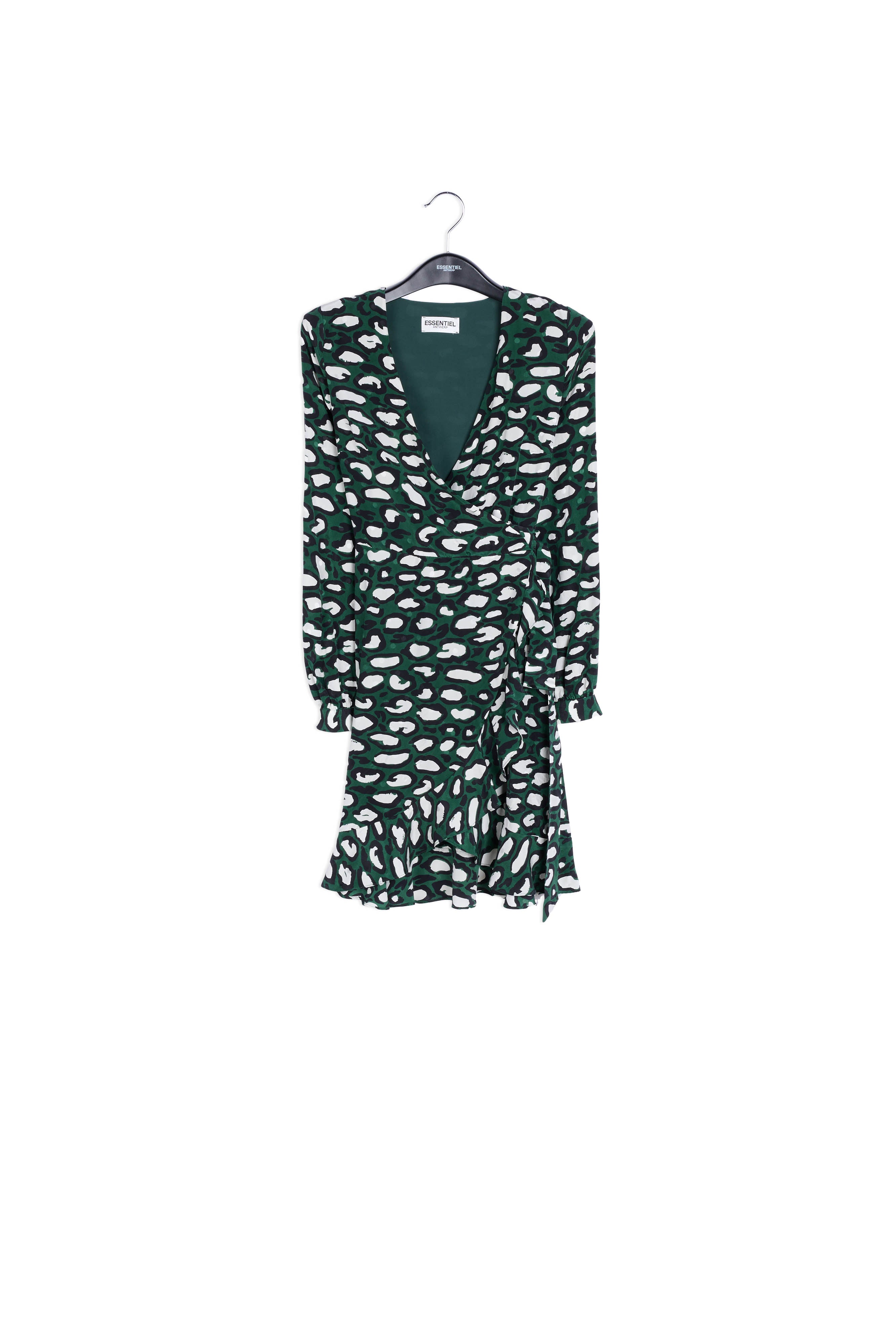 Kakigroene zijden wikkeljurk met luipaardprint RE—SSENTIEL | Essentiel second hand