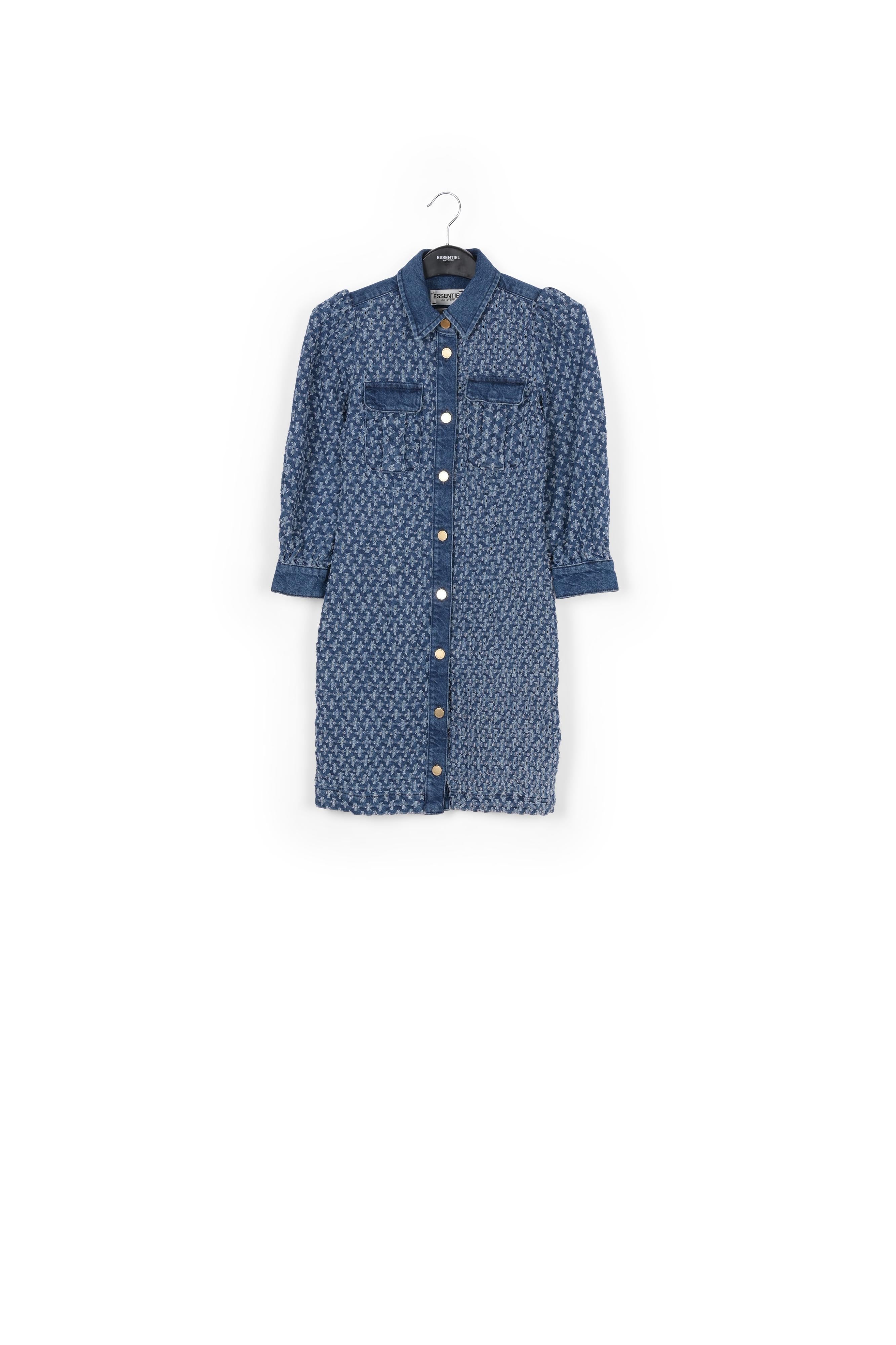 Dark blue perforated denim puffed sleeves mini dress RE—SSENTIEL | Essentiel second hand
