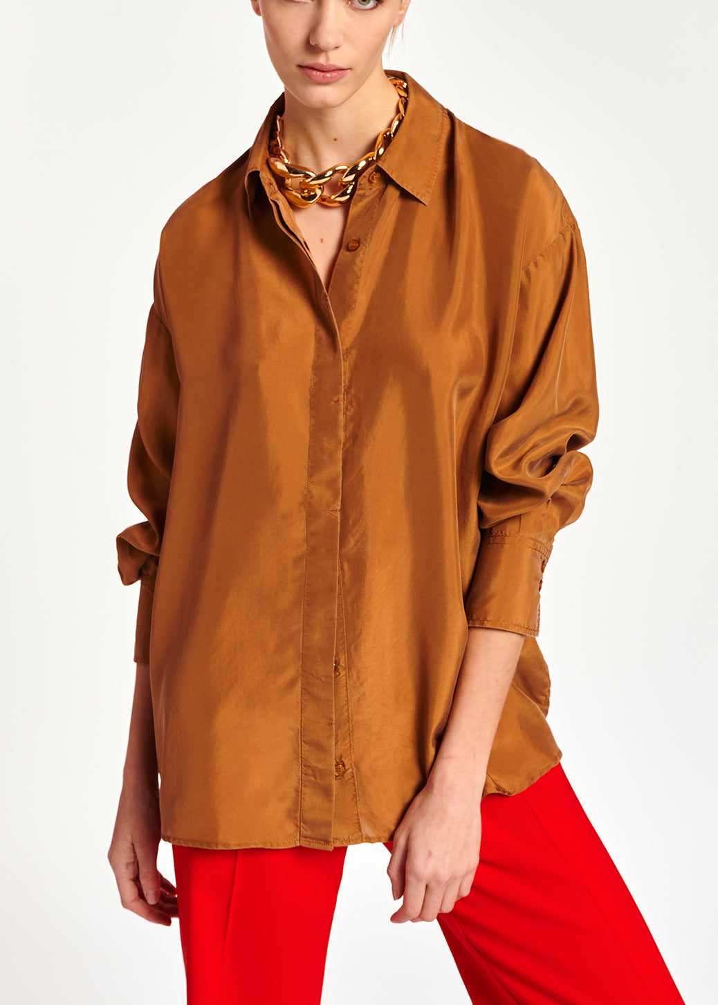 Camel loose-fit silk shirt RE—SSENTIEL | Essentiel second hand