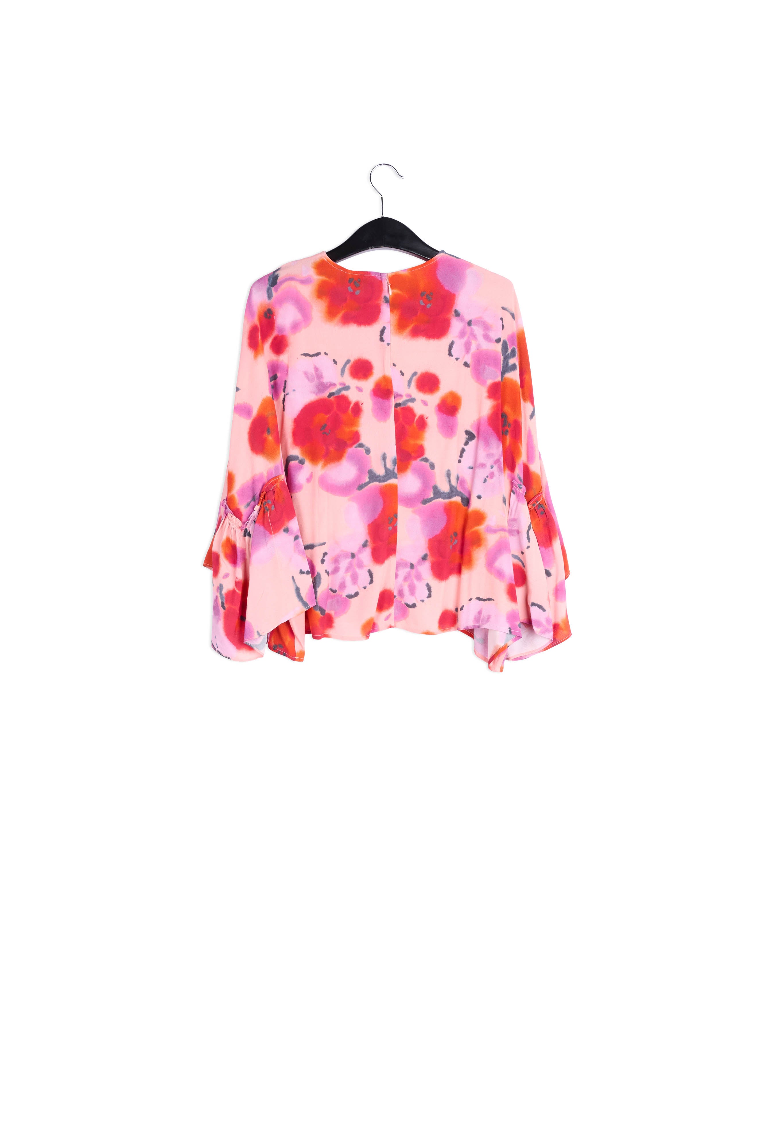 Light pink, red and purple floral printed top with ruffled sleeves RE—SSENTIEL | Essentiel second hand
