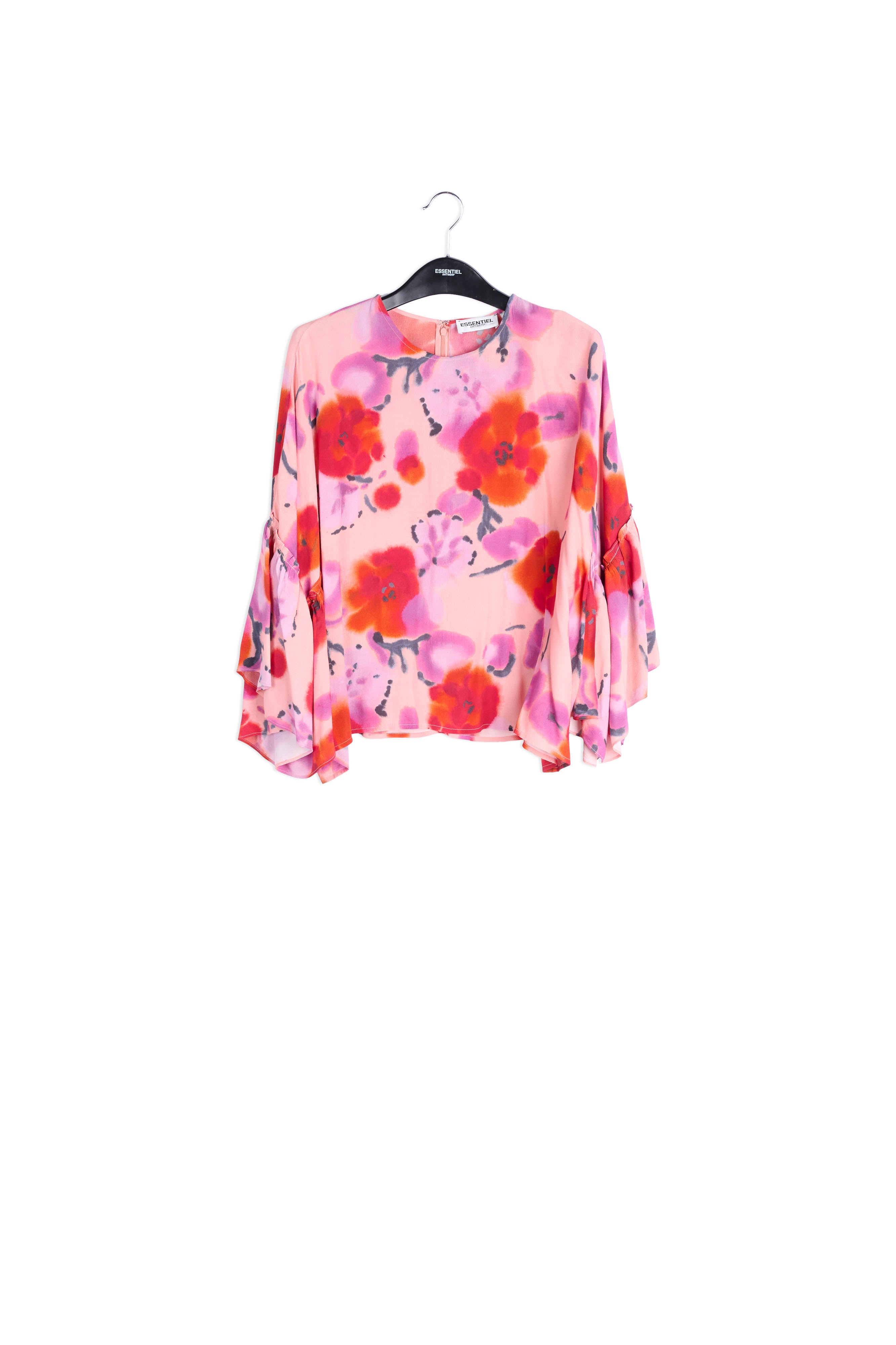 Light pink, red and purple floral printed top with ruffled sleeves RE—SSENTIEL | Essentiel second hand