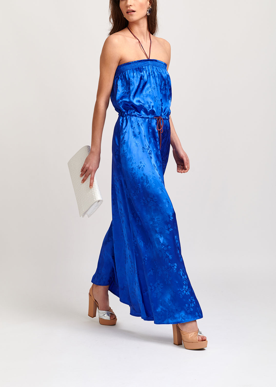 Cobalt blue floral-print jacquard maxi dress RE—SSENTIEL | Essentiel second hand