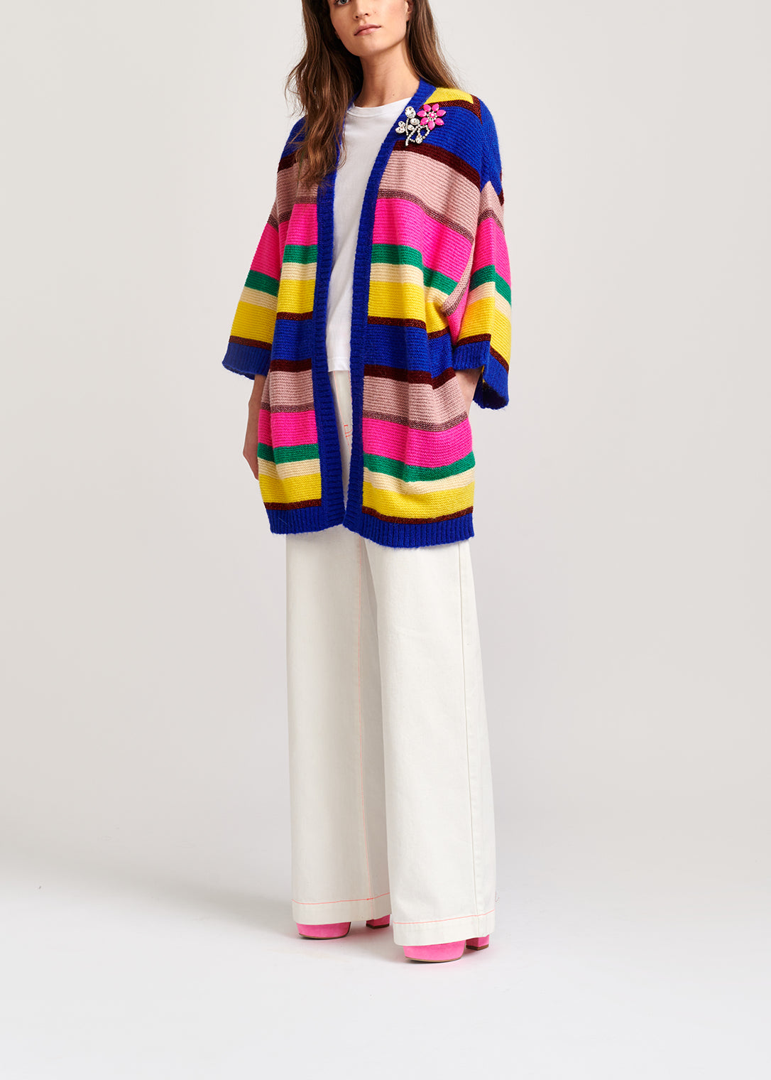 Cobalt blue, neon pink and yellow striped cardigan RE—SSENTIEL | Essentiel second hand