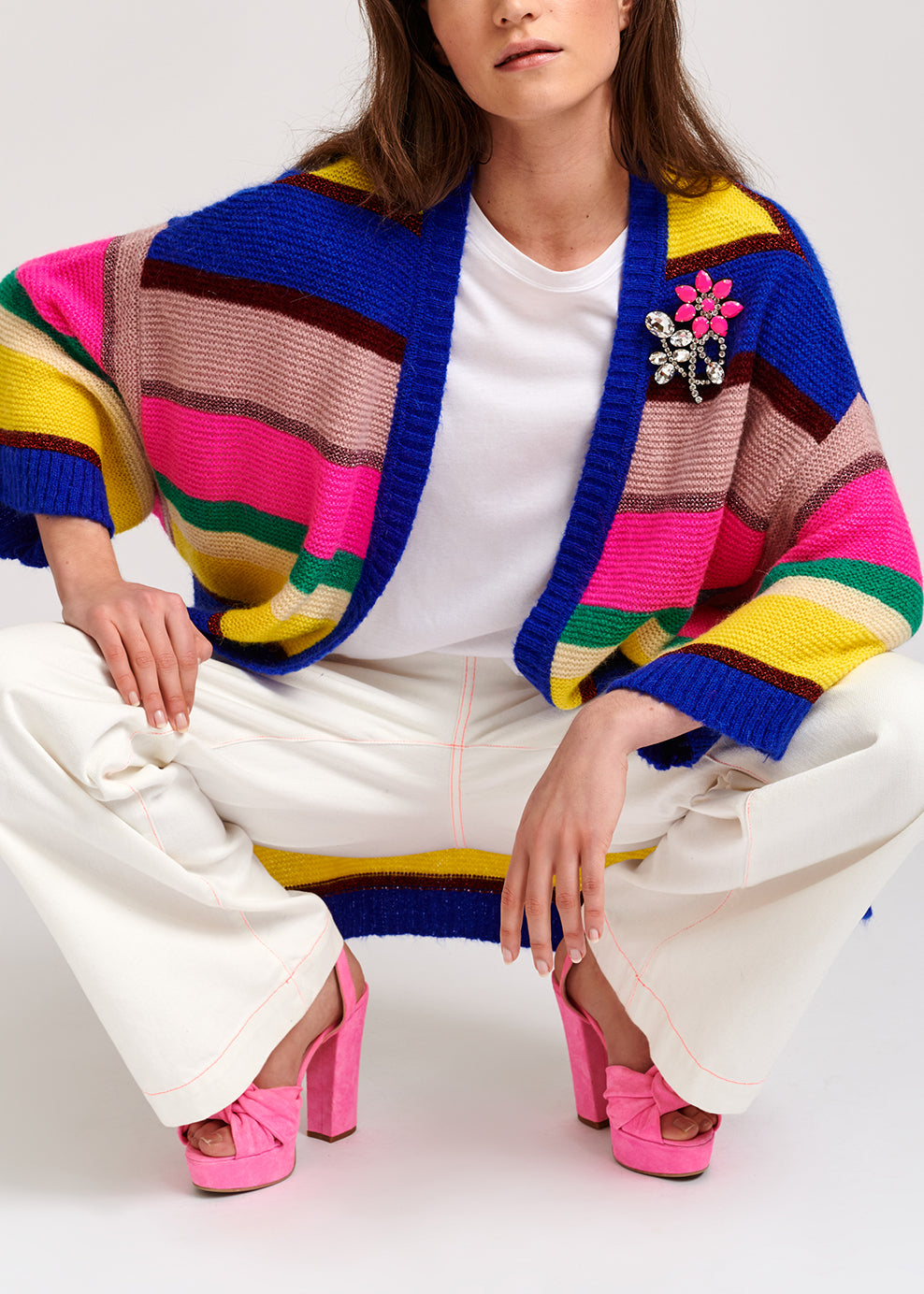 Cobalt blue, neon pink and yellow striped cardigan RE—SSENTIEL | Essentiel second hand