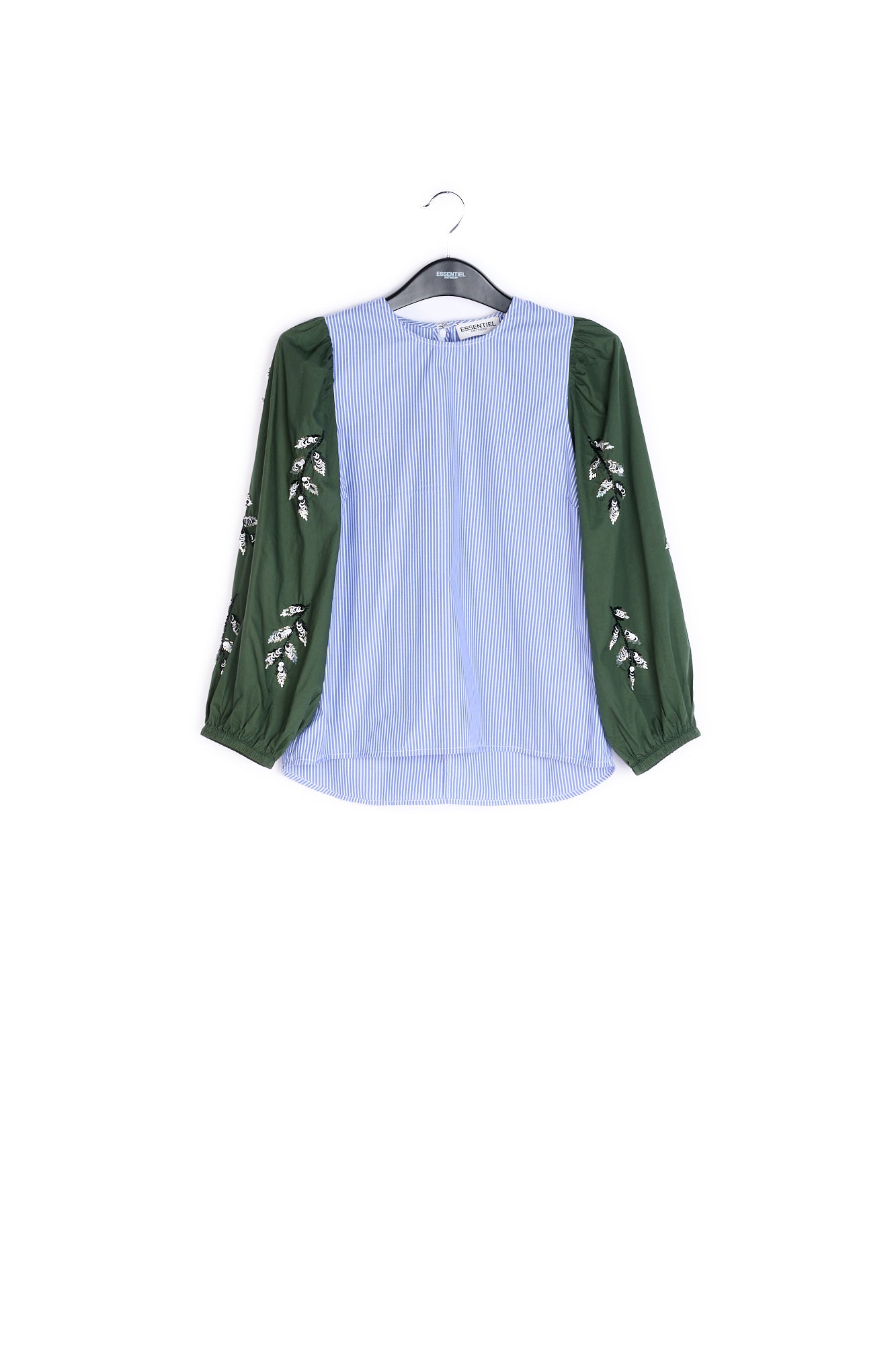 Blue and white embellished puff sleeved top RE—SSENTIEL | Essentiel second hand