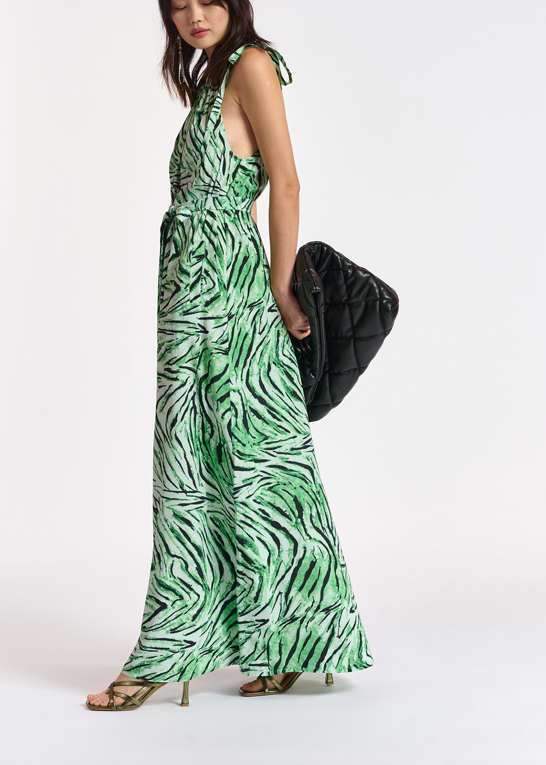 Mint green halter neck maxi dress with tiger print